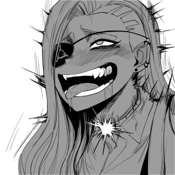 1girl ahegao blush close-up collar collared_shirt crazy crazy_eyes drooling earrings electrocution eyepatch gegegekman greyscale jewelry long_hair looking_up masochism monochrome open_mouth original ringed_eyes saliva shirt side_part simple_background solo tongue tongue_out white_background