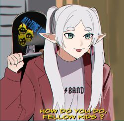 Rule 34 | 1girl, band shirt, closed mouth, commentary, contemporary, earrings, elf, english commentary, english text, frieren, green eyes, highres, holding, holding skateboard, how do you do fellow kids (meme), jacket, jewelry, long hair, long pointy ears, long sleeves, meme, merchandise, mykokampfwagen, open clothes, open jacket, pointy ears, red jacket, shirt, skateboard, smile, solo, sousou no frieren, subtitled, t-shirt, tongue, tongue out, twintails, upper body, white hair, white shirt