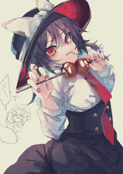 2girls ^_^ absurdres alternate_eye_color anger_vein black_hair black_hat black_skirt blonde_hair bow buttons closed_eyes closed_mouth collar dango dress eating false_smile food hair_between_eyes hair_bow hat hat_bow highres large_bow long_dress long_skirt long_sleeves looking_at_viewer maribel_hearn medium_hair mob_cap multiple_girls muraryo nail_polish necktie orange_eyes red_nails sash shirt short_hair simple_background skirt sleeve_cuffs smile touhou translated usami_renko wagashi white_background white_bow white_collar white_hat white_sash white_shirt