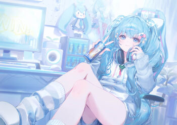 1girl :3 a20_(atsumaru) absurdres blue_eyes blue_hair bow can chair character_doll closed_mouth commentary_request computer_keyboard computer_mouse doll drawstring drink_can energy_drink gaming_chair grey_shorts gun_rack hair_bow hair_ornament hair_scrunchie hatsune_miku headphones headphones_around_neck highres holding holding_can hood hood_down hooded_jacket indoors jacket leg_warmers long_hair long_sleeves looking_at_viewer loose_socks minifridge monitor mustache_hair_ornament on_chair pink_bow plant potted_plant scrunchie short_shorts shorts sitting slippers smile socks solo sparkle speaker striped_clothes striped_socks swivel_chair very_long_hair vocaloid w white_jacket white_slippers white_socks zipper