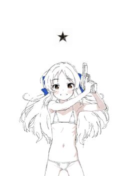 1girl bikini blush bow brown_eyes flat_chest gun hair_bow highres holding holding_gun holding_weapon idolmaster idolmaster_cinderella_girls long_hair looking_at_viewer navel otaku_can_change_the_world sketch smile solo spot_color star_(symbol) swimsuit tachibana_arisu weapon