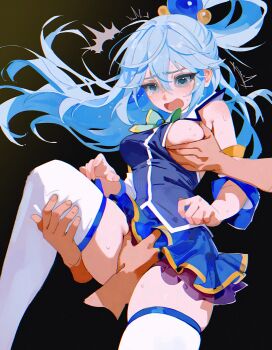 1girl 2boys ^^^ aqua_(konosuba) black_background blue_eyes blue_hair blue_shirt blue_skirt breasts chikan commentary detached_sleeves english_commentary grabbing_another&#039;s_breast groping hair_rings highres kono_subarashii_sekai_ni_shukufuku_wo! long_hair medium_breasts molestation multiple_boys shirt simple_background skirt tears thighhighs white_thighhighs yoko-chan_(mijizukeyoko)