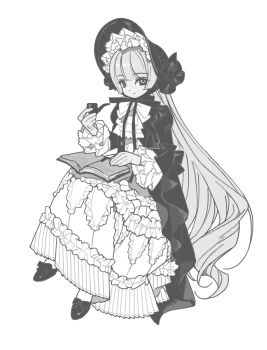1girl absurdres ascot blunt_bangs bonnet book chinese_commentary closed_mouth commentary_request denovo320 dress frilled_dress frilled_sleeves frills full_body gosick gothic_lolita greyscale highres holding holding_smoking_pipe invisible_chair lolita_fashion long_dress long_hair long_sleeves looking_at_viewer monochrome neck_ribbon open_book ribbon shoes simple_background sitting smoking_pipe solo very_long_hair victorica_de_blois