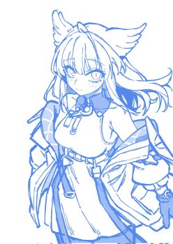 Rule 34 | 1girl, amaya 5321, animal ears, arknights, arknights: endfield, bare shoulders, bird ears, bird girl, blue outline, blush, breasts, closed mouth, collar, collared dress, commentary request, cowboy shot, dress, flower, from above, gloves, hair flower, hair ornament, highres, jacket, lineart, long hair, looking at viewer, loose hair strand, medium breasts, off shoulder, outline, pantyhose, perlica (arknights), sleeveless, sleeveless dress, smile, solo, standing, thick eyelashes, unfinished, unkempt, upper body, watch, white background, white dress, white jacket, wristwatch