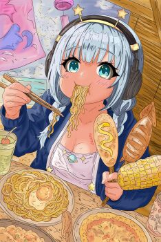 1girl absurdres alternate_breast_size_(larger) beach blue_eyes blue_hair blue_jacket blue_sky blush braid breasts can chewing chopsticks cloud cloudy_sky commentary commission corn corn_dog drink_can dutch_angle eating english_commentary fluffycataaa food fried_egg grilled_corn headphones highres holding holding_chopsticks holding_food holding_skewer ikayaki indoors jacket jelly_hoshiumi looking_at_viewer medium_breasts mustard noodles ocean phase_connect plate puffy_cheeks signature sitting skewer sky slurping soda soda_can solo star_(symbol) star_in_eye symbol_in_eye table twin_braids virtual_youtuber wind_chime window wooden_table
