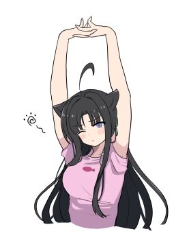 1girl ahoge animal_ears animal_print arms_up bikini black_hair blush_stickers cat_ears character_request closed_mouth commentary_request copyright_request cropped_torso fish_print frown highres lemoontya long_hair one_eye_closed own_hands_together pink_shirt print_bikini purple_eyes shirt short_sleeves simple_background solo squeans stretching swimsuit t-shirt white_background