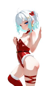 1girl ahoge alternate_costume aqua_hair ass bare_shoulders belt black_belt blue_eyes breasts commentary feet_out_of_frame fingernails fur_trim gradient_hair hair_ornament hair_ribbon hand_up highleg highleg_leotard highres indie_virtual_youtuber jingle_bell_earrings leotard long_fingernails looking_at_viewer mint_fantome multicolored_hair multiple_thigh_straps nail_polish parted_lips pointy_ears red_leotard red_thighhighs ribbon sansha_art short_hair simple_background single_thighhigh skindentation small_breasts solo strapless strapless_leotard thigh_strap thighhighs virtual_youtuber white_background white_hair white_nails x_hair_ornament