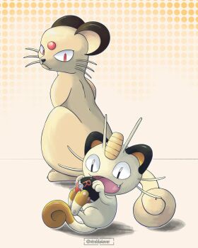 animal_focus closed_mouth coin commentary english_commentary evolutionary_line fangs gen_1_pokemon gold highres holding holding_poke_ball koban_(gold) meowth nintendo no_humans nontraditional_poke_ball open_mouth persian_(pokemon) poke_ball pokemon pokemon_(creature) pokemon_focus red_eyes smile team_rocket twitter_username vtrebla4ever whiskers