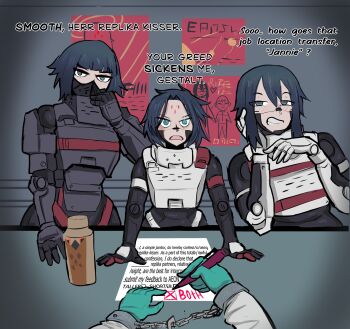 1boy 3girls arm_rest armor black_hair blue_eyes breastplate chained_wrists closed_mouth covered_mouth elbow_rest english_text facial_mark falke_(signalis) flirting forehead_mark gloves green_gloves hair_between_eyes heart height_difference highres interrogation janitor japvs kolibri_(signalis) leaning_to_the_side looking_at_viewer looking_to_the_side mechanical_arms medium_hair multiple_girls open_mouth paper pen poster_(object) pov pov_hands questionnaire robot_girl signalis smile sparkling_eyes star_(signalis) storch_(signalis) talking teeth telepathy thermos upper_teeth_only writing x_mark