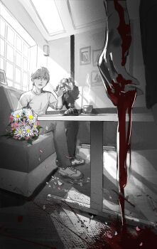 1boy 1girl absurdres blood bouquet bread chainsaw_man coffee coffee_mug cup denji_(chainsaw_man) flower food highres indoors injury light_rays mug pants partially_colored pink_flower reze_(chainsaw_man) shirt short_hair sitting table white_flower window yoswr