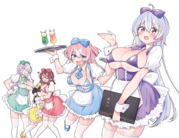 5girls @_@ ahoge alternate_costume apron bikini black_hair blue_bikini blue_bow blue_dress blue_eyes blue_necktie blue_shoes bow breast_smother breastless_clothes breasts brown_hair closed_eyes color_coordination commentary_request dress enmaided face_to_breasts green_bikini green_bow green_dress green_necktie grey_hair hair_bow hair_over_one_eye hand_on_own_hip highres hiwamura_hiyori holding holding_menu holding_tray kamio_fukuchi large_breasts long_hair maid maid_apron mary_janes menu multiple_girls necktie pink_hair purple_bikini purple_bow purple_dress purple_eyes purple_necktie red_bikini red_bow red_dress red_necktie shoes short_dress short_necktie simple_background small_breasts swimsuit thighhighs tray two_side_up very_long_hair white_background white_thighhighs white_wrist_cuffs wrist_cuffs yellow_bikini yellow_bow yellow_dress yellow_shoes yowa_yowa_sensei