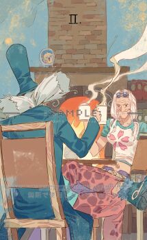 Rule 34 | 1boy, 1girl, card (medium), coat, commentary, crop top, cup, dr. hiluluk, dr. kureha, english commentary, eyewear on head, grey hair, hat, highres, holding, holding cup, multiple boys, old, old man, old woman, one piece, portrait (object), roman numeral, sample watermark, sitting, siyangou49, smile, smoke, tarot, tarot (medium), tony tony chopper, twintails, watermark