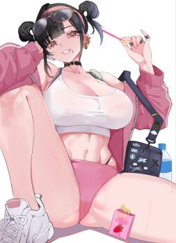 1girl absurdres albino_animal black_choker black_hair blush bottle breasts buruma choker cleavage eyewear_on_head food goddess_of_victory:_nikke grin hairband highres jacket jewelry large_breasts leon_kunisagi looking_at_viewer midriff multiple_rings navel official_alternate_costume open_mouth panties panties_under_buruma panty_straps pink-framed_eyewear pink_buruma pink_hairband pink_jacket pink_nails plastic_bottle pocky ring shoes short_hair single_earphone sitting smile snake solo sora_(nikke) sora_(spring_flight)_(nikke) sports_bra sunglasses sweat teeth thighs underwear water_bottle white_shoes white_snake white_sports_bra