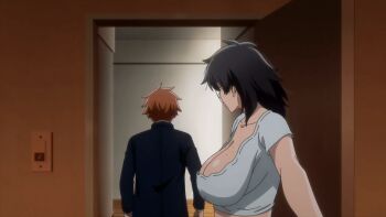 1boy 1girl 2025 20s age_difference aki_mary animated animated_gif black_hair breasts cleavage closing_door curvy doctor door freckles freckles_on_breasts glasses huge_breasts ichinose_shiki_(tougen_anki) lips medium_hair no_bra older_female_and_younger_male orange_hair sagging_breasts school_uniform tagme tall_female thick_lips tougen_anki