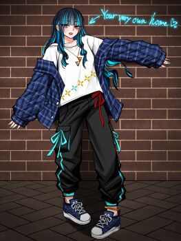 1girl black_hair black_pants blue_hair blue_jacket blush breasts english_text eyeliner fate/grand_order fate_(series) full_body grey_eyes highres jacket jewelry long_hair long_sleeves looking_at_viewer makeup mcpc_zamurai necklace off_shoulder open_mouth pants shirt shoes small_breasts smile sneakers solo tenochtitlan_(fate) white_shirt