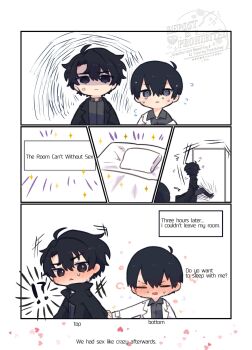 !? 2boys @_@ ahoge bed black_coat black_eyes black_hair black_shirt chibi chibi_only coat curtained_hair double-parted_bangs english_text flustered hair_between_eyes highres kicking kim_dokja kimidori_22 male_focus multiple_boys omniscient_reader&#039;s_viewpoint open_clothes open_coat partially_shaded_face pillow popped_collar sexually_suggestive shirt short_hair sweatdrop top/bottom_dynamic_annotated white_coat yaoi yoo_joonghyuk