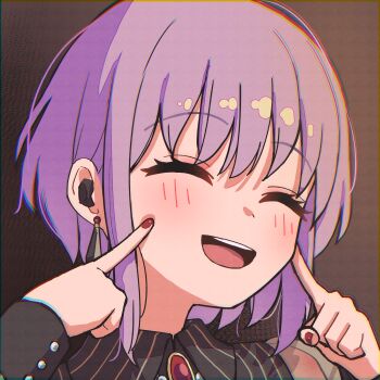Rule 34 | 1girl, ^ ^, absurdres, amoris (bang dream!), bang dream!, bang dream! it's mygo!!!!!, blush, brooch, chromatic aberration, closed eyes, commentary, highres, jewelry, jin (jinkwon1147), long sleeves, nail polish, open mouth, pointing, pointing at self, portrait, purple hair, red nails, short hair, solo, teeth, upper teeth only, yuutenji nyamu