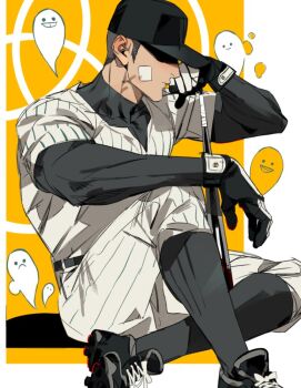 1boy add-on_(off) arm_on_knee baseball_bat baseball_cap belt black_belt black_gloves black_hair black_hat black_shirt black_shoes black_socks closed_mouth full_body gauze gauze_on_cheek genichiro_cute ghost gloves hat layered_sleeves long_sleeves male_focus off_(game) pants pinstripe_pants pinstripe_pattern pinstripe_shirt shirt shoelaces shoes short_hair short_over_long_sleeves short_sideburns short_sleeves sitting socks solo spectre_(off) the_batter_(off) very_short_hair weapon white_pants white_shirt
