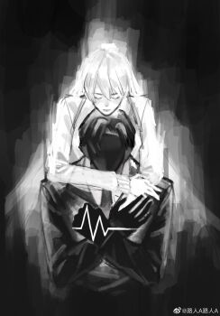 1boy 1girl angelica_(project_moon) black_background black_gloves black_hair black_jacket black_mask black_necktie black_vs_white chinese_commentary clenched_hand closed_eyes closed_mouth commentary_request covered_face crabwzzzz curtained_hair facing_viewer gloves hair_between_eyes hand_on_own_chest highres hug hug_from_behind jacket library_of_ruina long_hair long_sleeves masked monochrome necktie parted_bangs project_moon roland_(project_moon) shirt simple_background smile sweater tears upper_body watermark weibo_watermark white_hair white_shirt white_sweater