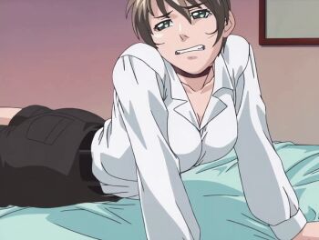 00s 1girl 2002 animated animated_gif annoyed bed bed_sheet bedroom belt bible_black bible_black_gaiden breasts brown_hair collar green_eyes hand_on_own_face hand_on_own_hip miniskirt open_clothes open_shirt pantyhose shido_saki shirt short_hair skirt tagme white_shirt