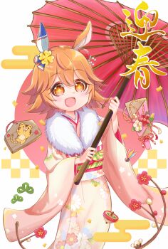 1girl 2022 animal_ears blush commentary_request highres horse_ears horse_girl japanese_clothes kahlura225 matikanefukukitaru_(umamusume) new_year open_mouth orange_eyes orange_hair smile solo sparkling_eyes umamusume