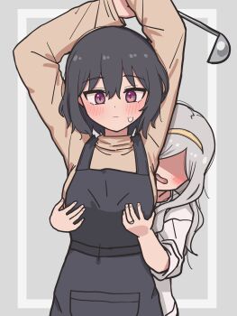 Rule 34 | 2girls, absurdres, apron, black apron, black hair, blush, brown sweater, closed mouth, commentary request, grabbing another's breast, grabbing from behind, grey hair, groping, hairband, highres, jewelry, jin (jinkwon1147), long sleeves, multiple girls, open mouth, original, purple eyes, ring, shirt, sweatdrop, sweater, wedding ring, white shirt, wife and wife, yellow hairband, yuri