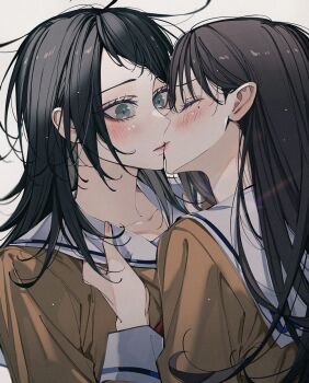 2girls bang_dream! bang_dream!_it's_mygo!!!!! black_hair blackfangs blue_eyes blush closed_eyes clothes_grab collarbone commentary hanasakigawa_school_uniform highres long_hair long_sleeves messy_hair multiple_girls parted_lips sailor_collar school_uniform shiina_taki symbol-only_commentary upper_body white_sailor_collar yahata_umiri yuri