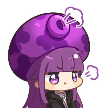 1girl :t black_coat blunt_bangs blush_stickers coat dress fern_(sousou_no_frieren) fume-shroom_(plants_vs._zombies) hashtag-only_commentary hat highres long_hair mushroom_hat plants_vs._zombies pout puff_of_air purple_eyes purple_hair purple_hat simple_background solo sousou_no_frieren upper_body v-shaped_eyebrows white_background white_dress yuiyo