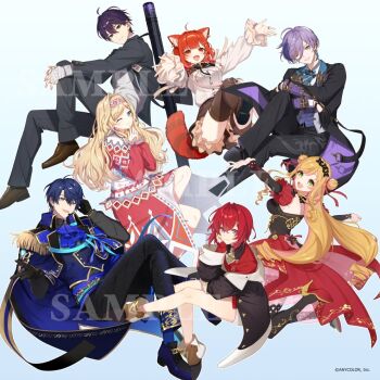 3boys 4girls ange_katrina ange_katrina_(1st_costume) animal_ear_piercing animal_ears ankle_boots aqua_eyes ascot bandaged_hand bandages black_boots black_coat black_dress black_gloves black_jacket black_pants black_thighhighs blonde_hair blue_ascot blue_background blue_bow blue_bowtie blue_cape blue_eyes blue_hair blue_shoes blue_vest boots bow bowtie brown_boots brown_shoes brown_shorts cape cardigan closed_mouth coat commentary_request copyright_notice detached_sleeves double_bun dress earrings epaulettes frilled_shorts frills gloves gold_trim gradient_background green_eyes grey_eyes grey_jacket grey_pants hair_between_eyes hair_bun hair_intakes hairband harusaki_air harusaki_air_(4th_costume) headset high_heels jacket jewelry kenmochi_touya kenmochi_touya_(1st_costume) layla_alstroemeria long_hair looking_at_viewer medium_dress medium_hair multiple_boys multiple_girls nijisanji nijisanji_id nijisanji_kr off_shoulder official_art open_mouth orange_eyes orange_hair orange_tail pants purple_hair ratna_petit ratna_petit_(7th_costume) red_cardigan red_dress red_hair red_hairband red_panda_girl red_panda_tail sakaki_ness sakaki_ness_(1st_costume) sample_watermark seffyna seffyna_(1st_costume) shirt shoes short_hair shorts simple_background smile striped_tail tail take_taya thigh_boots thighhighs very_long_hair vest virtual_youtuber watermark white_shirt