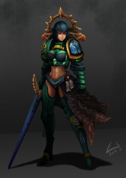 1girl adapted_costume adeptus_astartes armor blue_eyes blue_hair boots breasts dark_angels dated female_focus gauntlets genderswap genderswap_(mtf) heresy highres l_axe large_breasts matching_hair/eyes midriff navel pauldrons power_armor purity_seal short_hair shoulder_armor signature solo space_marine sword thigh_boots thighhighs warhammer_40k weapon