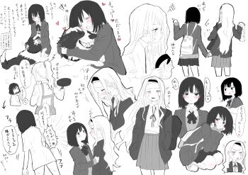 2girls apron backpack bag blazer blush bow bowtie chappy_(takopii_no_genzai) closed_eyes collared_shirt commentary_request dog frying_pan greyscale hairband heart hickey holding holding_frying_pan jacket kirarazaka_marina kuze_shizuka long_hair looking_at_another monochrome multiple_girls neck_ribbon open_mouth parted_lips petting pleated_skirt ponytail pottode ribbon scar scar_on_face school_uniform shirt short_hair short_sleeves skirt smile speech_bubble spot_color squatting squiggle sweat takopii_no_genzai translation_request unworn_hairband waking_up yuri