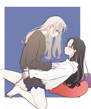 2girls barefoot black_hair black_shirt black_shorts blush cacioepp closed_mouth commentary_request cushion eye_contact grabbing_another's_ass grabbing_another's_breast grey_panties groping hood hoodie long_hair looking_at_another multiple_girls original panties purple_streaks red_streaks shirt shorts sitting sitting_on_lap sitting_on_person smile straddling toes underwear white_hair white_hoodie yuri