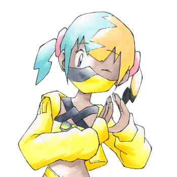 1girl aqua_hair bandeau blonde_hair canari_(pokemon) crop_top dark_skin dora_mentaiko faux_retro_artstyle highres hood hoodie looking_at_viewer mask mega_ring mouth_mask multicolored_hair nintendo one_eye_closed pokemon pokemon_gsc_(style) pokemon_legends:_z-a pokemon_rgby_(style) short_hair short_twintails solo split-color_hair stomach sugimori_ken_(style) twintails white_background yellow_bandeau yellow_hoodie