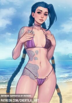 1girl arm_tattoo artist_name asymmetrical_bangs beach bikini blue_hair braid breasts chertila cloud_tattoo collarbone commentary commission day english_commentary female_pubic_hair highres jinx_(league_of_legends) league_of_legends long_hair medium_breasts ocean outdoors pink_bikini pubic_hair shiny_skin shoulder_tattoo smile stomach_tattoo striped_bikini striped_clothes swimsuit tattoo teeth twin_braids twintails water watermark web_address
