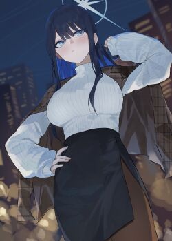 1girl absurdres alternate_costume black_hair black_skirt blue_archive blue_eyes blue_hair blue_halo breasts brown_jacket building casual city_lights cityscape commentary_request cowboy_shot evening_rabbit halo hand_on_own_hip hand_up highres jacket jacket_on_shoulders large_breasts long_hair long_sleeves looking_to_the_side multicolored_hair night night_sky outdoors pantyhose pencil_skirt saori_(blue_archive) sideways_glance skirt sky skyscraper sleeves_past_wrists solo sweater turtleneck turtleneck_sweater two-tone_hair urban white_sweater