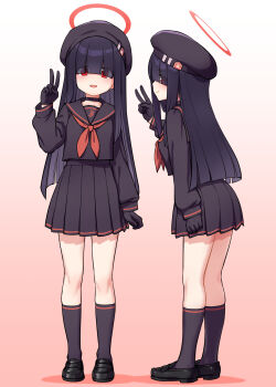 2girls :d black_choker black_gloves black_serafuku black_shoes black_socks blue_archive blunt_bangs blush choker closed_mouth facing_viewer gloves hair_over_eyes halo highres itou_yuuji justice_task_force_member_(blue_archive) kneehighs loafers long_hair multiple_girls multiple_views neckerchief open_mouth pink_background pleated_skirt red_eyes red_halo red_neckerchief school_uniform serafuku shoes skirt smile socks v