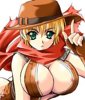 1girl 2000s_(style) areola_slip armor assassin_cross_(ragnarok_online) blonde_hair breasts brown_gloves brown_hat brown_leotard commentary_request cowboy_hat dated_commentary expressionless fingerless_gloves gloves green_eyes hat kumashiro_izuta large_breasts leotard looking_at_viewer lowres pauldrons ragnarok_online red_scarf revealing_clothes scarf short_hair shoulder_armor simple_background solo torn_clothes torn_scarf upper_body white_background