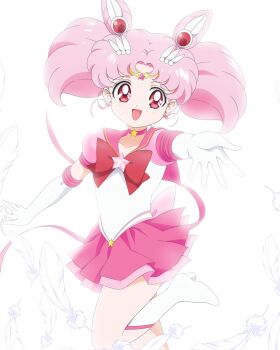 Rule 34 | 1girl, back bow, bad id, bad twitter id, bishoujo senshi sailor moon, bishoujo senshi sailor moon crystal, boots, bow, bowtie, brooch, chibi usa, choker, circlet, commentary, cone hair bun, cowboy shot, dot nose, double bun, earrings, elbow gloves, english commentary, eyelashes, feathers, gloves, hair bun, hair ornament, happy, high heel boots, high heels, highres, honeymoonpetal, jewelry, knee boots, leg up, leotard, magical girl, miniskirt, offering hand, official style, open mouth, outstretched arm, parted bangs, pink bow, pink choker, pink hair, pink sailor collar, pink skirt, pink sleeves, pleated skirt, puffy short sleeves, puffy sleeves, red bow, red bowtie, red eyes, ringlets, sailor chibi moon, sailor collar, sailor senshi uniform, short hair, short sleeves, short twintails, simple background, skirt, sleeved leotard, solo, star (symbol), star brooch, star choker, star earrings, tareme, twintails, white background, white boots, white gloves, white leotard