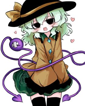 Rule 34 | 1girl, black eyes, black hat, black thighhighs, blush, bow, buttons, collared shirt, commentary request, contrast collar, crossed bandaids, diamond button, empty eyes, eyeball, floral print, frilled shirt collar, frilled sleeves, frills, green hair, green skirt, hat, hat bow, heripantomorrow, komeiji koishi, long hair, long sleeves, looking at viewer, open mouth, print skirt, rose print, shirt, simple background, skirt, smile, solo, thighhighs, third eye, touhou, white background, wide sleeves, yellow bow, yellow shirt