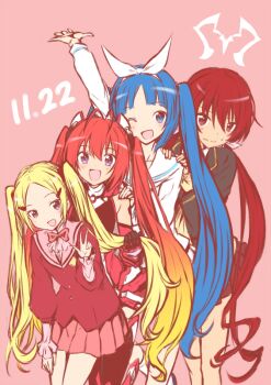 4girls :d ;d antenna_hair aoyama_mio arm_up armpit_crease ascot behind_another black_gloves black_jacket black_shirt blazer blonde_hair blue_eyes blue_hair blush bow bow_hairband bowtie brown_eyes closed_mouth commentary_request crossover dated detached_sleeves double-parted_bangs feet_out_of_frame gloves gradient_hair hair_between_eyes hair_ornament hair_ribbon hairband hairclip hairstyle_connection hand_on_another&#039;s_shoulder hand_on_own_thigh hand_up hands_on_another&#039;s_shoulder head_tilt holding_another&#039;s_hair jacket joukamachi_no_dandelion kami_nomi_zo_shiru_sekai leaning_forward long_hair long_sleeves looking_at_viewer low_twintails miniskirt multicolored_hair multiple_crossover multiple_girls nipako one_eye_closed open_mouth orange_hair ore_twintail_ni_narimasu parted_bangs pink_ascot pink_background pink_bow pink_bowtie pink_sailor_collar pink_shirt pink_skirt pleated_skirt purple_eyes red_eyes red_hair red_jacket red_skirt red_sleeves ribbon sailor_collar sakurada_akane school_uniform shirt sidelocks simple_background skirt sleeveless sleeveless_shirt smile standing sweatdrop tailred three-quarter_sleeves turning_head twintails ultimate_nipper v very_long_hair wavy_mouth white_hairband white_ribbon white_sailor_collar white_shirt yuto_(dialique)