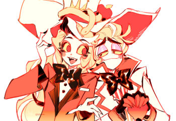 1boy 1girl absurdres blonde_hair blush_stickers charlie_morningstar demon_boy demon_girl father_and_daughter formal_clothes hair_slicked_back hashtag-only_commentary hat hazbin_hotel hellaverse highres long_hair lucifer_morningstar_(hazbin_hotel) pale_skin red_eyes suit yuji_(fantasia)