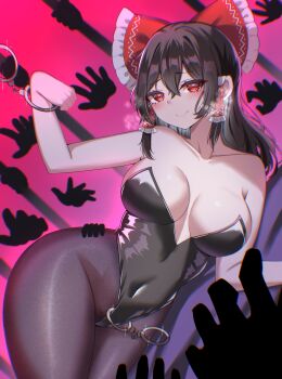 1girl absurdres animal_ear_hairband animal_ears black_leotard black_pantyhose blush bow breasts brown_hair cleavage covered_navel cuffs detached_collar fake_animal_ears hair_bow hairband hakurei_reimu highleg highres kiui_(dagk8254) large_breasts leotard looking_at_viewer lying on_side pantyhose playboy_bunny rabbit_ears red_bow red_eyes solo strapless strapless_leotard touhou wrist_cuffs