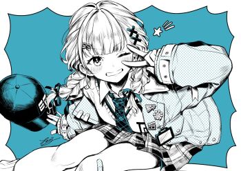 1girl ;d bandaid bandaid_on_knee bandaid_on_leg baseball_cap belt belt_buckle blue_hat blue_necktie blue_ribbon blunt_bangs blush bow braid buckle cherico collared_shirt dress_shirt floating_hair from_above grin hair_bow hair_ornament hair_ribbon hashtag-only_commentary hat jacket kaburaki_roco kaburaki_roco_(school_uniform) lapel_pin lapels layered_clothes looking_at_viewer loose_socks medium_hair miniskirt name_tag necktie nijisanji notched_lapels one_eye_closed open_mouth pin plaid_clothes plaid_necktie plaid_skirt pleated_skirt polka_dot polka_dot_jacket ribbon safety_pin school_uniform shirt shooting_star_(symbol) signature sitting skirt sleeves_past_wrists smile socks solo spot_color sweater twin_braids unworn_hat unworn_headwear v-shaped_eyebrows virtual_youtuber wing_collar x_hair_ornament