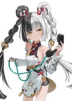 1girl animal_print bare_shoulders bear_print black_hair braid chakram china_dress chinese_clothes commentary corded_phone cusaimi detached_sleeves dialyn_(zenless_zone_zero) dress earrings hair_extensions hair_ornament highres jewelry long_hair multicolored_hair panda_hair_ornament panda_print phone solo split-color_hair weapon white_hair wire yellow_eyes zenless_zone_zero