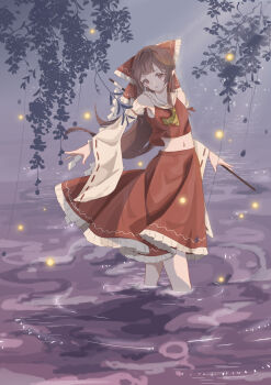 1girl absurdres ascot bow breasts brown_eyes brown_hair commentary_request detached_sleeves frilled_bow frilled_hair_tubes frilled_skirt frills gohei hair_bow hair_tubes hakurei_reimu highres jing-endorphin long_hair looking_at_viewer midriff navel purple_water red_bow red_skirt ribbon-trimmed_sleeves ribbon_trim skirt skirt_set small_breasts solo touhou wading water yellow_ascot