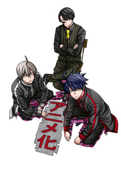 3boys ahoge black_eyes black_hair black_jacket black_pants black_shoes black_vest blue_hair chair closed_mouth collared_jacket collared_shirt crossed_arms dress_shoes from_above full_body grey_hair grey_shirt hair_between_eyes highres ichinose_shiki_(tougen_anki) jacket kougasaki_jin long_sleeves looking_at_viewer mudano_naito multicolored_jacket multiple_boys necktie on_chair pants red_eyes shirt shoes short_hair simple_background sitting squatting stitched_hand stitched_mouth stitches striped_clothes striped_pants striped_vest tougen_anki tsurime two-tone_jacket two-tone_vest urushibara_yura vertical-striped_clothes vertical-striped_pants vertical-striped_vest vest white_background yellow_eyes yellow_necktie