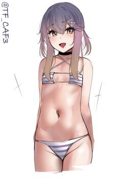 1girl absurdres alternate_costume bikini black_choker blush breasts choker collarbone cowboy_shot criss-cross_halter cropped_legs gradient_hair hair_between_eyes hair_ornament hairclip halterneck hashtag-only_commentary highres kantai_collection long_sidelocks looking_at_viewer medium_hair multicolored_hair navel one-hour_drawing_challenge open_mouth orange_hair purple_bikini purple_hair short_hair_with_long_locks short_twintails sidelocks simple_background small_breasts solo standing stomach string_bikini striped_bikini striped_clothes swimsuit tf_cafe triangle_mouth tsushima_(kancolle) twintails twitter_username white_background white_bikini yellow_eyes