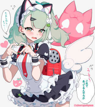 1girl animal_ear_hairband animal_ears bell black_dress blush breasts cat_ear_hairband cat_ears commentary_request cowboy_shot dress ear_blush earrings fake_animal_ears flying_sweatdrops four-finger_heart_hands frilled_dress frilled_sleeves frills ghost_hair_ornament green_eyes green_hair green_nails grey_background hair_ornament hairband heart heart_earrings heart_hair_ornament heart_hands highres jewelry layered_dress looking_at_viewer maid maid_headdress miri_(cherryjelly) multiple_hair_clips neck_bell necktie official_alternate_costume open_mouth red_bag red_necktie simple_background small_breasts speech_bubble sunna_(afternoon_tea_break)_(zenless_zone_zero) sunna_(zenless_zone_zero) thought_bubble translation_request twitter_username white_wings winged_bag wings zenless_zone_zero