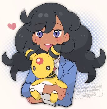 1girl ampharos black_hair blue_jacket blush dark-skinned_female dark_skin emma_(pokemon) gen_2_pokemon heart holding holding_stuffed_toy hugging_doll hugging_object jacket long_hair nintendo open_clothes open_jacket open_mouth pokemon pokemon_(anime) pokemon_horizons purple_eyes shirt smile solo stuffed_animal stuffed_toy tansho teeth upper_body upper_teeth_only white_shirt