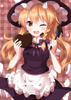 Rule 34 | 1girl, ;d, apron, black hat, black skirt, black vest, blonde hair, blush, bow, braid, brown background, candy, chocolate, chocolate heart, chocolate on face, commentary request, completion time, cowboy shot, food, food on face, frilled apron, frilled hat, frilled skirt, frills, gingham background, hair bow, hat, hat bow, heart, heart-shaped food, highres, holding, holding chocolate, holding food, kirisame marisa, long hair, looking at viewer, neck ribbon, one eye closed, open mouth, orange eyes, purple bow, purple ribbon, ribbon, ruu (tksymkw), shirt, short sleeves, single braid, skirt, skirt set, smile, solo, touhou, valentine, vest, waist apron, white apron, white bow, white shirt